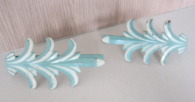 Pair 2 Metal Curtain Drape Tie or Hold Backs Shabby White Blue Paint Cottagecore