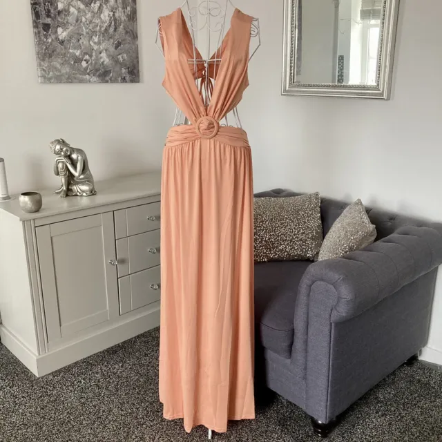BNWT Salmon Low Plunge V-Neck Cut Out Sides Tie Back Flared Maxi Dress L 12-14