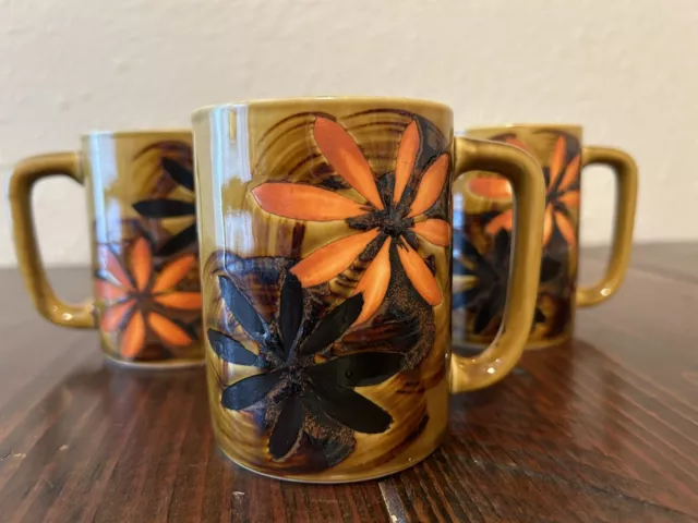 Vintage Retro Coffee Mug Dark Gold Orange Black Flower Design MCM