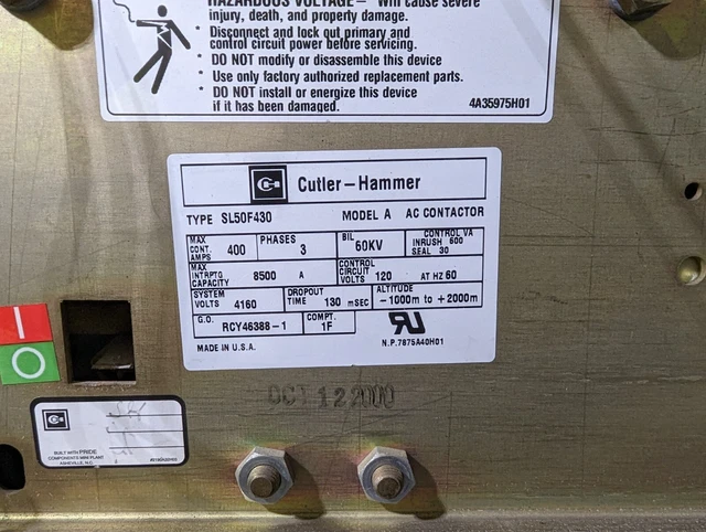 SL50H430 Cultler Hammer 400 amp contactor ships 24/7 reconditioned, one year war