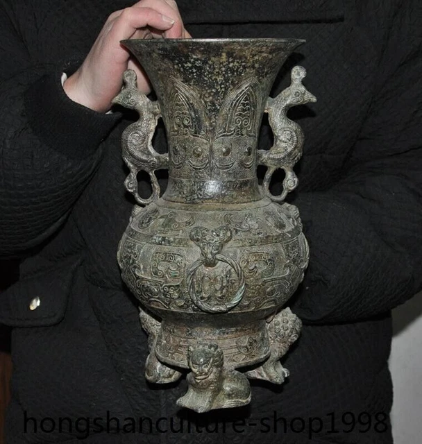 11'' Rare Old China dynasty Bronze ware Pot jar Bottle Wine container Wineware