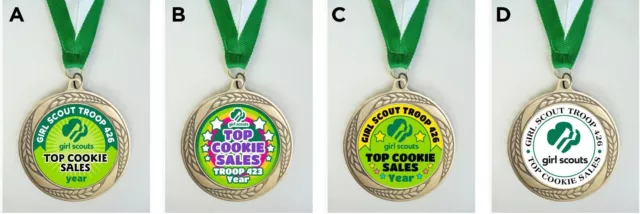 GIRL SCOUTS  COOKIE SALES  MEDAL LARGE AWARD w/ NECK RIBBON YOUR LAYOUT CHOICE
