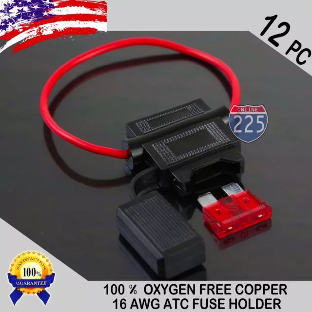 12 Pack 16 Gauge ATC In-Line Blade Fuse Holder 100% OFC Copper Wire + 1A - 40A