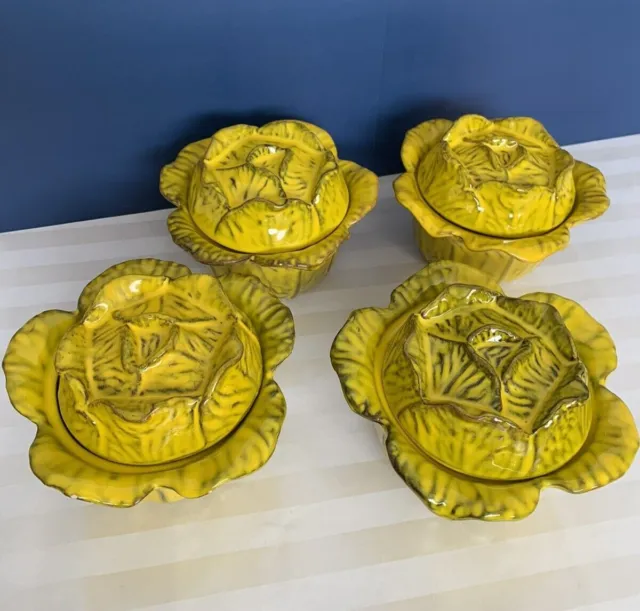 Vintage Italian Majolica Yellow Cabbage Lettuce Formed Lidded Pottery Bowls Set 
