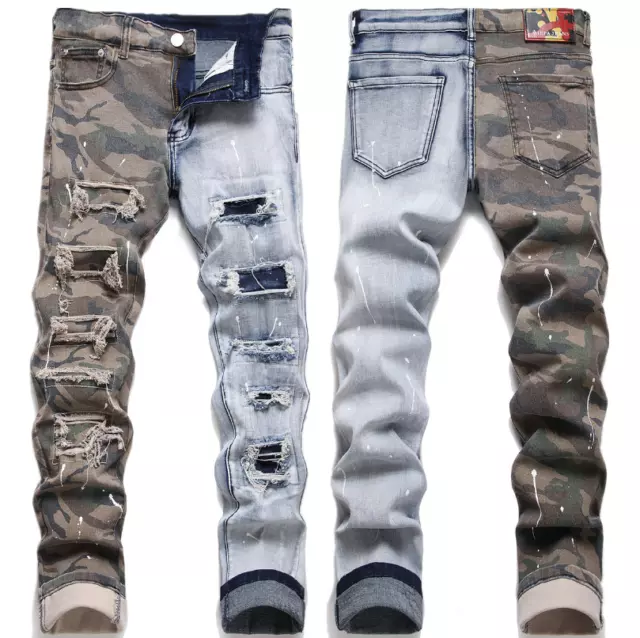 Mens Stretch Distressed Denim Pants Slim Fit Trousers Casual Skinny Ripped Jeans