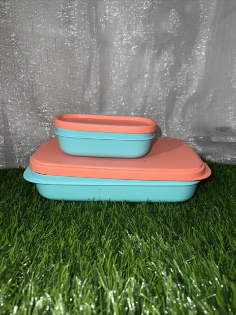 Tupperware Slim Lunch Divided Container Turquoise Coral New in Package