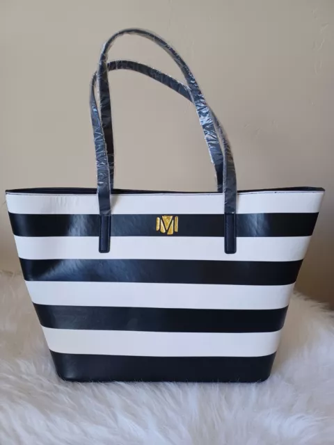Purse Large Black And White Stripe Faux Leather Tote Bag New