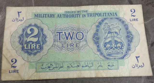 Libya Military Authority In Tripolitania 2 Lire Bank Note Crisp But Used