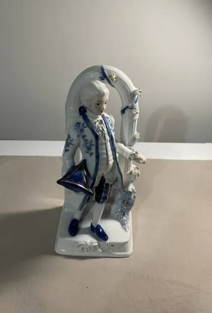 Vintage Porcelain Victorian Man Figure in Blue & White KPM Style Unstamped