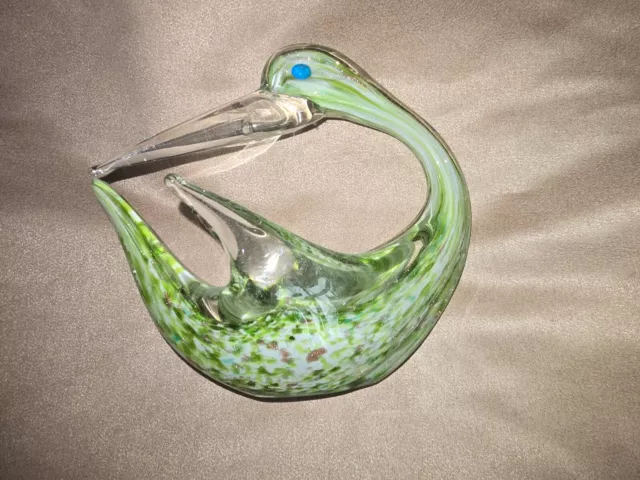 Murano Type Art Glass swan dish ornament. Clear/green gold inclusions 5.5" X 5"