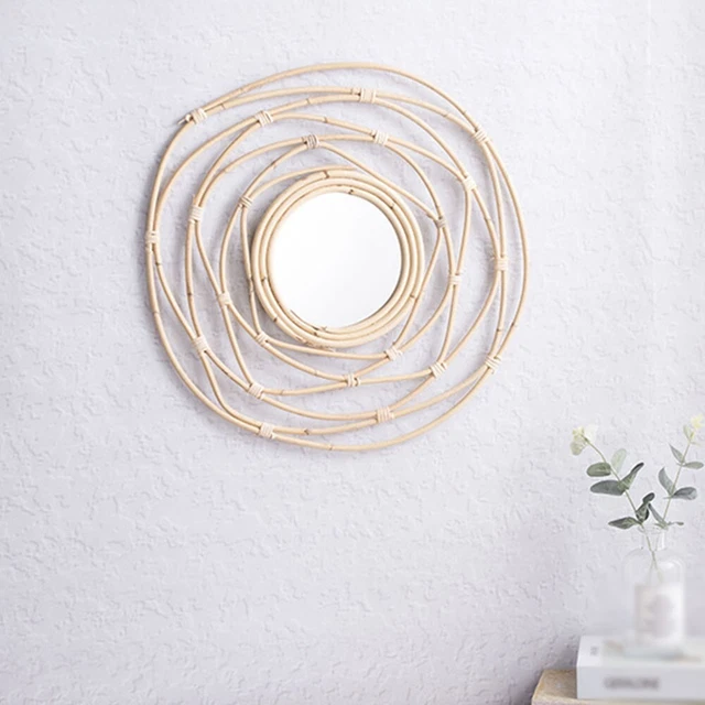 Miroir Mural Rond En Rotin Tressé à La Main - Style Pastoral Et Naturel - Pour Déco Ou Maquillage - 10