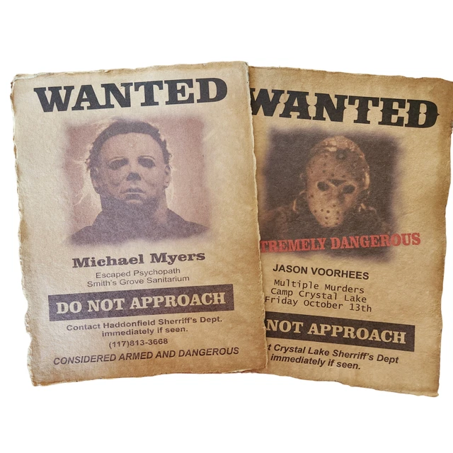 2 x Michael Myers and Jason Voorhees aged printed Wanted Posters, Halloween Prop 2 x Michael Myers and Jason Voorhees aged printed Wanted Posters, Halloween Prop