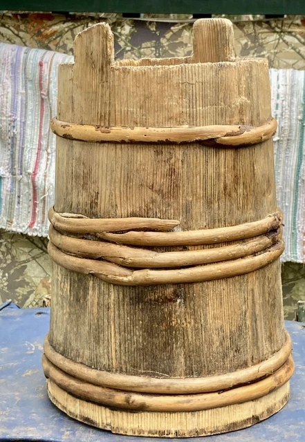 Early Primitive Catskills Mountains Stave Cedar Butter Churn Bent Willow Twigs