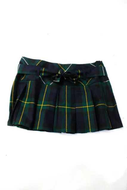 Marchbrae Childrens Girls Plaid Pleated Belted Mini Skirt Green Blue Size 14