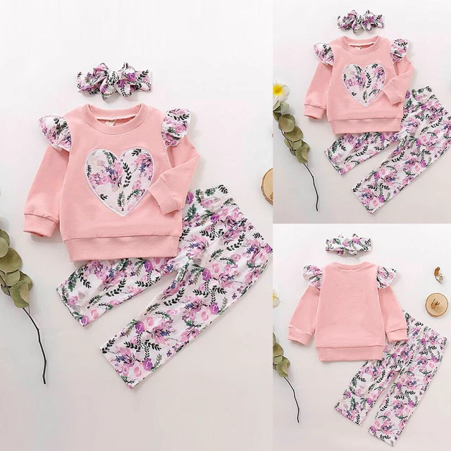 Kids Baby Girls Ruffle Floral Outfits Long Sleeve Tops + Pants Xmas Clothes Set