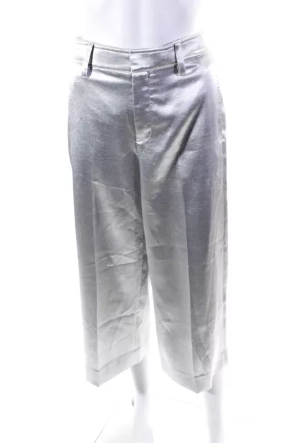 Vince Womens Zipper Fly Pleated Wide Leg Satin Cropped Pants Silver Size 2