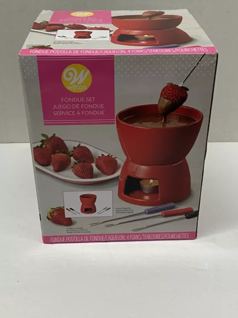 Wilton Fondue Set Forks Chocolate Dessert Snack Red Ceramic New Gift Party NEW