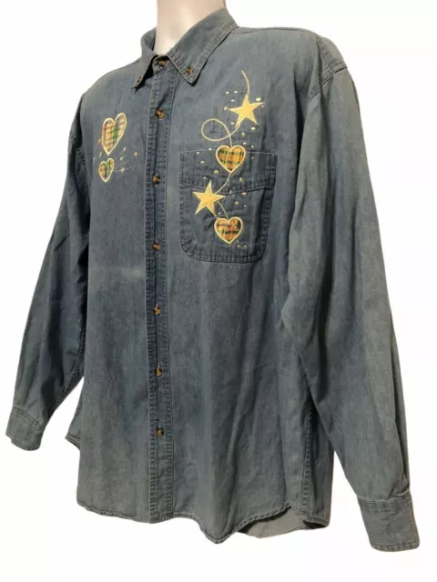 SYMBOL WOMENS XL Embroidered Long Sleeve Denim Shirt Top Heart Vintage ...