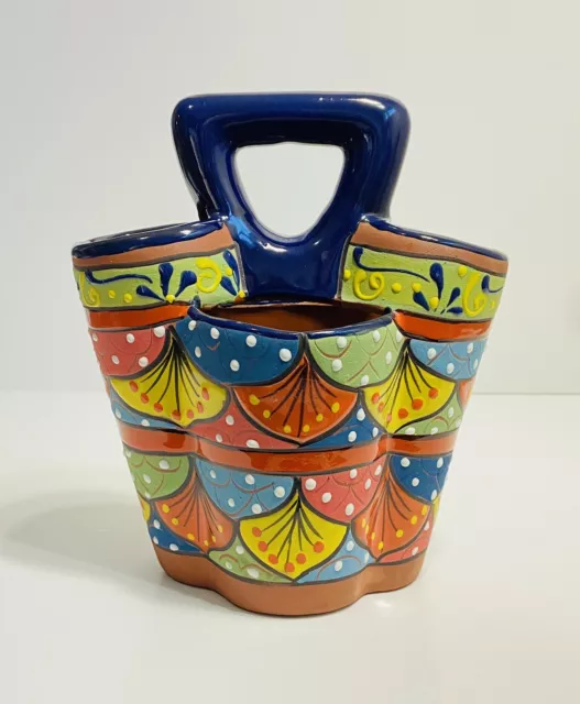 Mexican Talavera Pottery Utensil Holder Caddy Hand Painted Vibrant Folk Art
