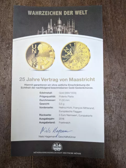 0,5g Gold Münze - 25 Jahre Vertrag von Maastricht - Zertifikat