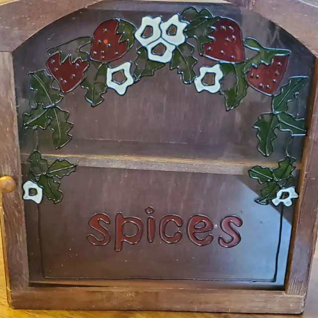 Vintage 70’s Spice Cabinet Rack Wooden with Faux Stained Glass Door