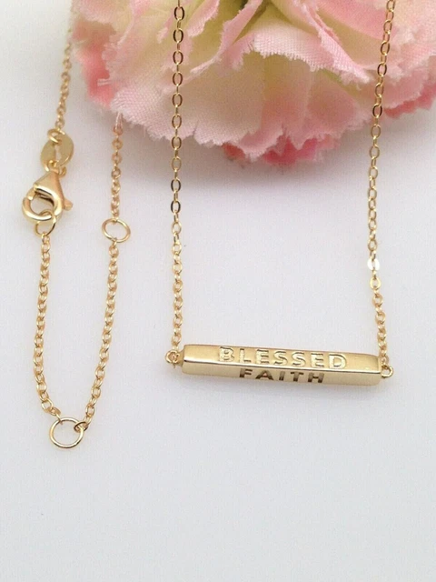 "Blessed Faith Love Believe" Bar Necklace 925 Sterling Silver 19mm(0.75") Gold