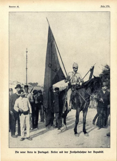 Die neue Aera in Portugal Reiter mit der Freiheitsfahne der Republik von 1910