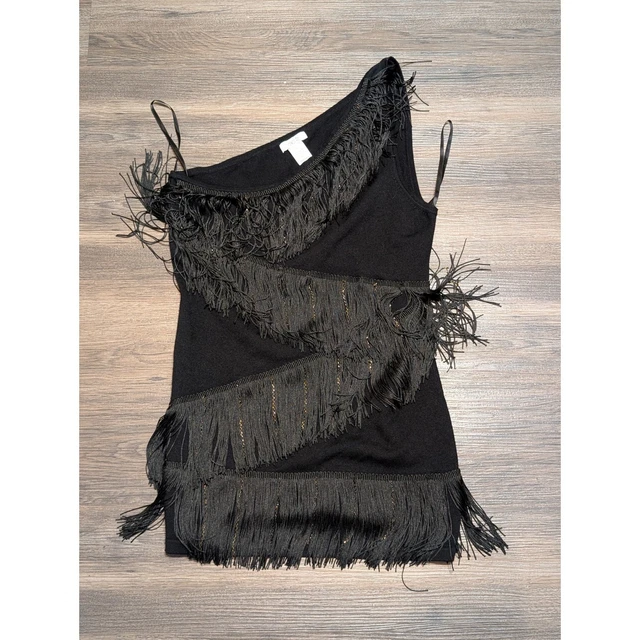 Cache Black One Shoulder Tiered Fringe Knit Party Dress Large L RN 74578 Cache Black One Shoulder Tiered Fringe Knit Party Dress Large L RN 74578