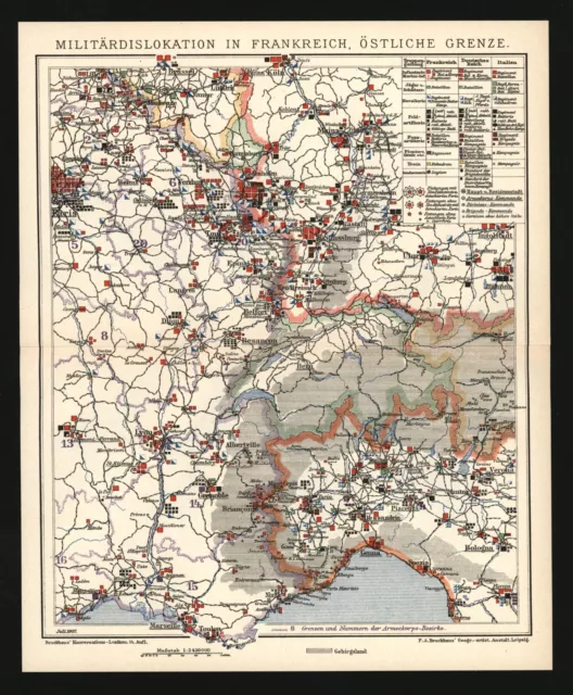 Militärkarte anno 1907 - Ost - Frankreich - Armee Streitkräfte Truppen Festungen