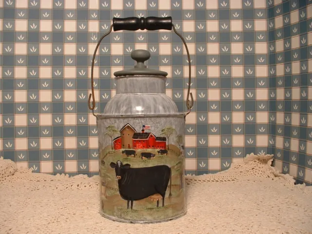 Antique Granite Enamel 2 Qt. Milk Can With Lid Cows Farms, Hand Painted Folk Art