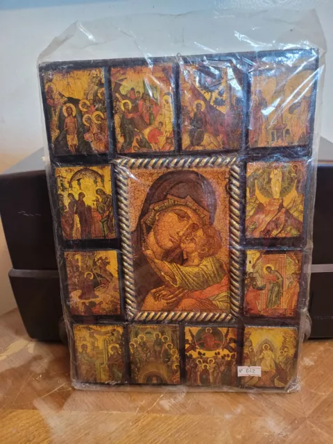 Orthodox Wooden  Jesus Christ  Holy Virgin Mary Panagia Great Feast Icons