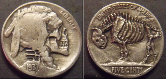 Hand Carved  Hobo nickel   Skull  skeleton  unsigned  free mail