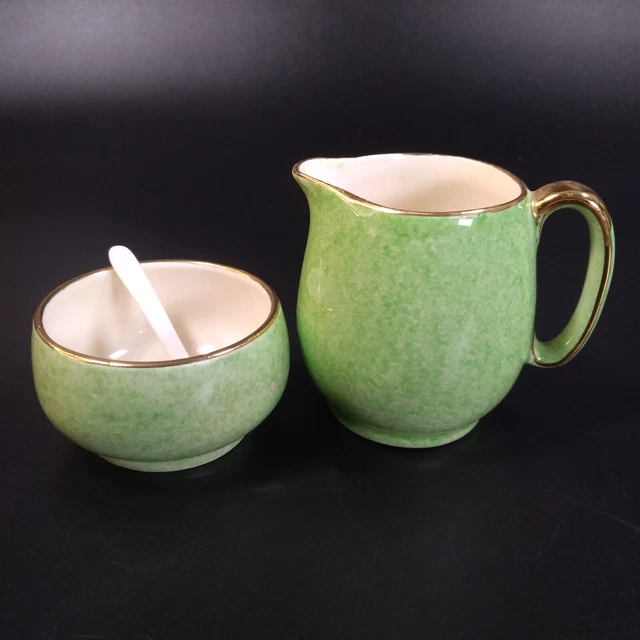 Royal Winton Grimwades Green Mottled Ware Creamer & Open Sugar Backstamp 1934-50