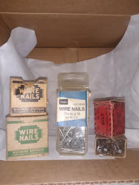 Vintage Wire Nails in Box 5x LOT Sears Wickwire Crow Brand 60s 70s Hardware