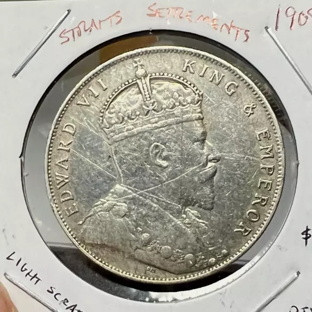 1908 Straits Settlements Silver One Dollar Scarce Crown