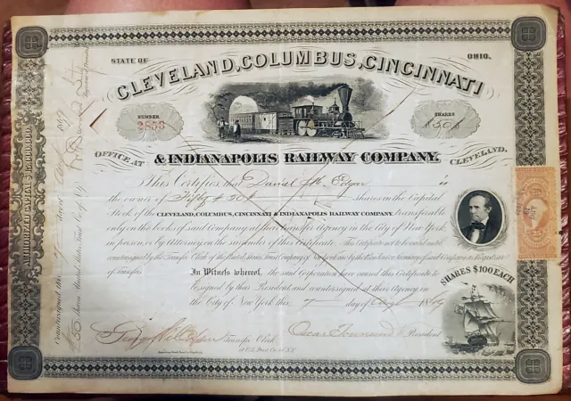 1869 Cleveland Columbus Cincinnati & Indianapolis Railway Stock Cert ~ Superbe