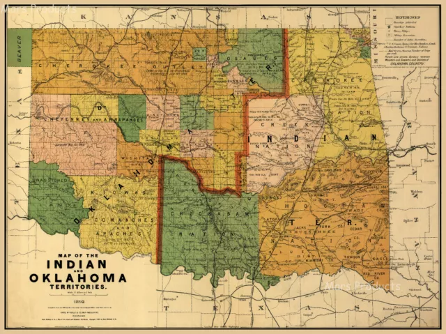 Indian Territory Historic 1892 Vintage Style Oklahoma Wall Map 18x24