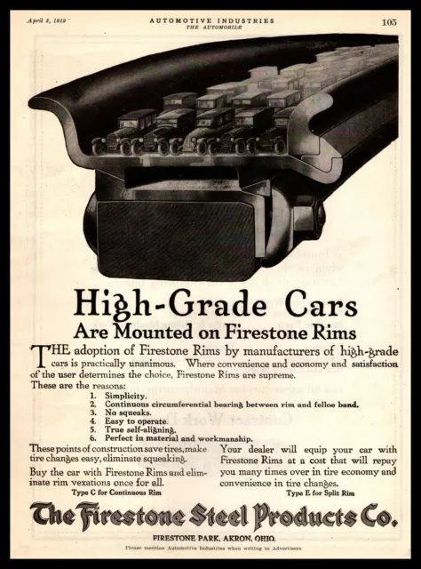 1919 Firestone Steel Products Akron Ohio Continuous Split Rims Vintage Print Ad