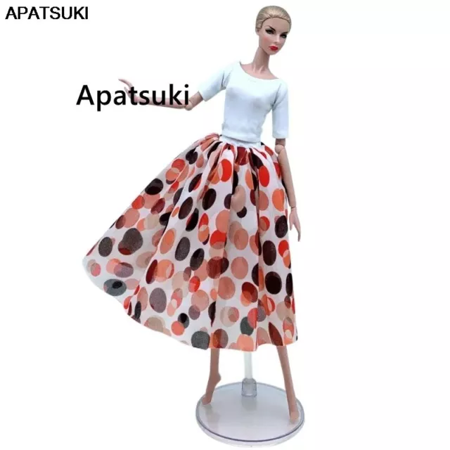 Bunte Polka Mode Kleidung Set für Barbiepuppe Outfit Weiß Basis Top & Mitte Rock