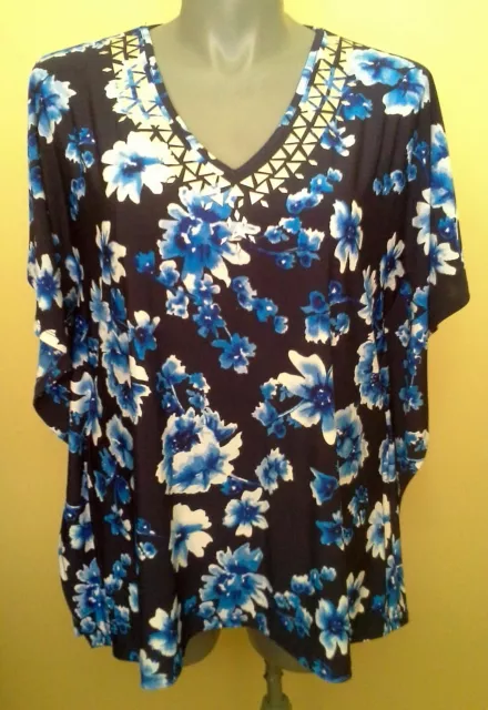 Ladies Womens Kaftan Blouse Top Blue Floral Stretch Smart Casual Millers Size 18