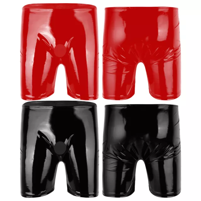 Men Shiny PVC Leather Short Pants Open Hole Front Boxer Shorts Wet Look Clubwear