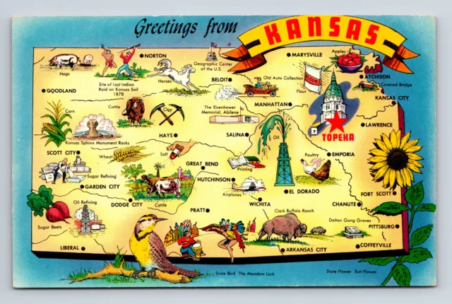 Pictorial Tourist Map Greeting From State of Kansas KS Postcard