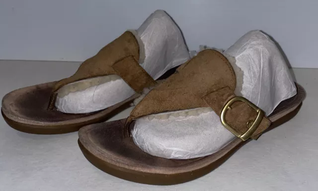 UGG Womens Sandal Size 8/9 Thong Slide Flip Flop Camel Leather Shoe Sherpa Lined