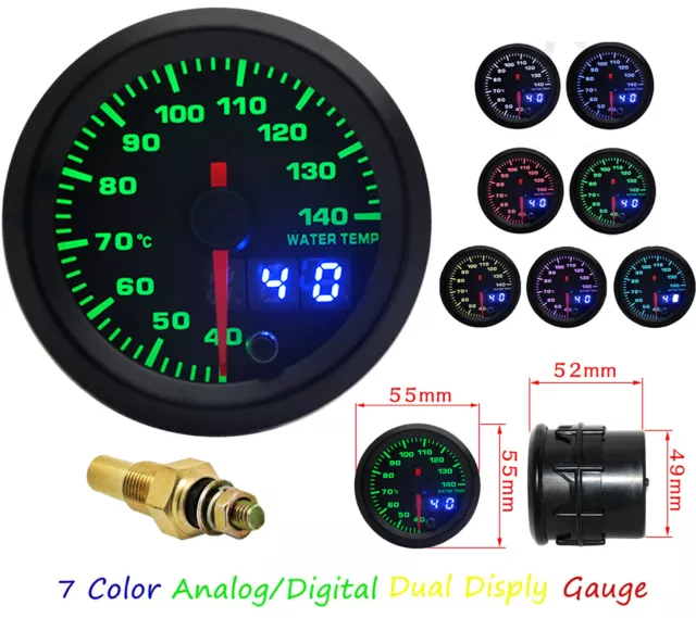 7 Color 2" 52mm Water Temp Gauge With Digital Dual Displ/Sensor Auto Boat Analog