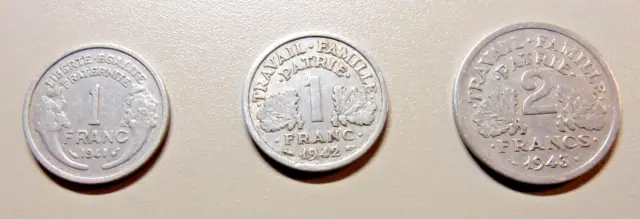3 französische Münzen v. 1941, 1942, 1943, Zeit der Vichy-Regierung/Besatzung