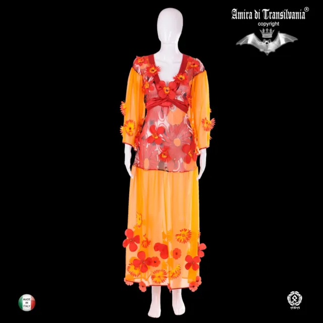 abito donna estivo griff alta moda sfilata arancione rosso fiori ricamato brand