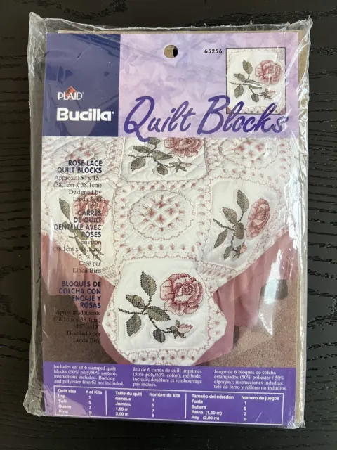Bucilla Rose Lace Quilt Blocks Cross Stitch Kit w/6 Stamped Blocks 15x15” #65256