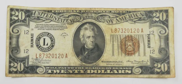 1934 A US $20 Dollar Hawaii Silver Certificate Paper Money Note ~ Free Shipping