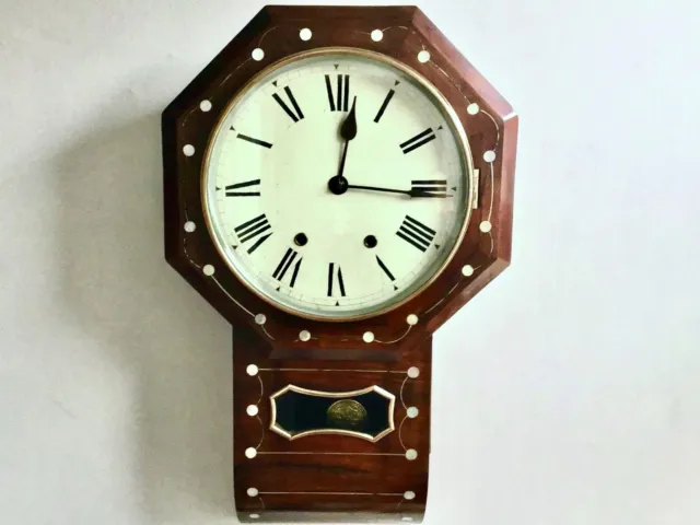 A LOVELY 19th CENTURY DROP DIAL WALL CLOCK IN MAHOGANY WITH M.O.P ILAY