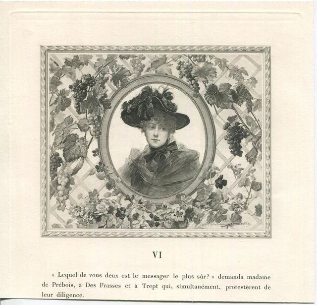 Antique Victorian Woman Mourning Sorrow Hat Dress Grapes Pansies Lattice Print